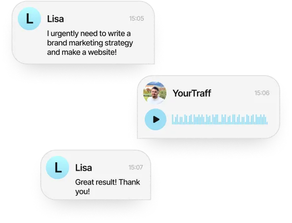 A client asks for a brand strategy and website, then confirms the strong result.